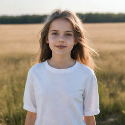 A young girl with shining, optimistic eyes, dressed in contemporary casual attire, standing in a sun-kissed field.