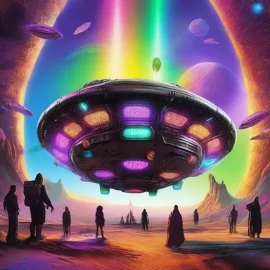 In the science fiction novel, the spaceship landed on an alien planet to a spectacular fanfare of colorful lights and futuristic music.
