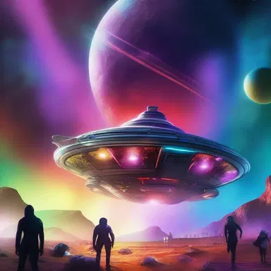 In the science fiction novel, the spaceship landed on an alien planet to a spectacular fanfare of colorful lights and futuristic music.