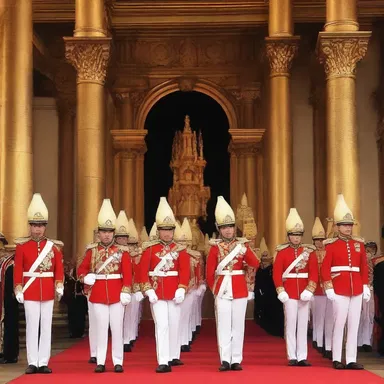 The fanfare of trumpets announced the arrival of the king to the grand ball, evoking images of past monarchs in historical palaces.
