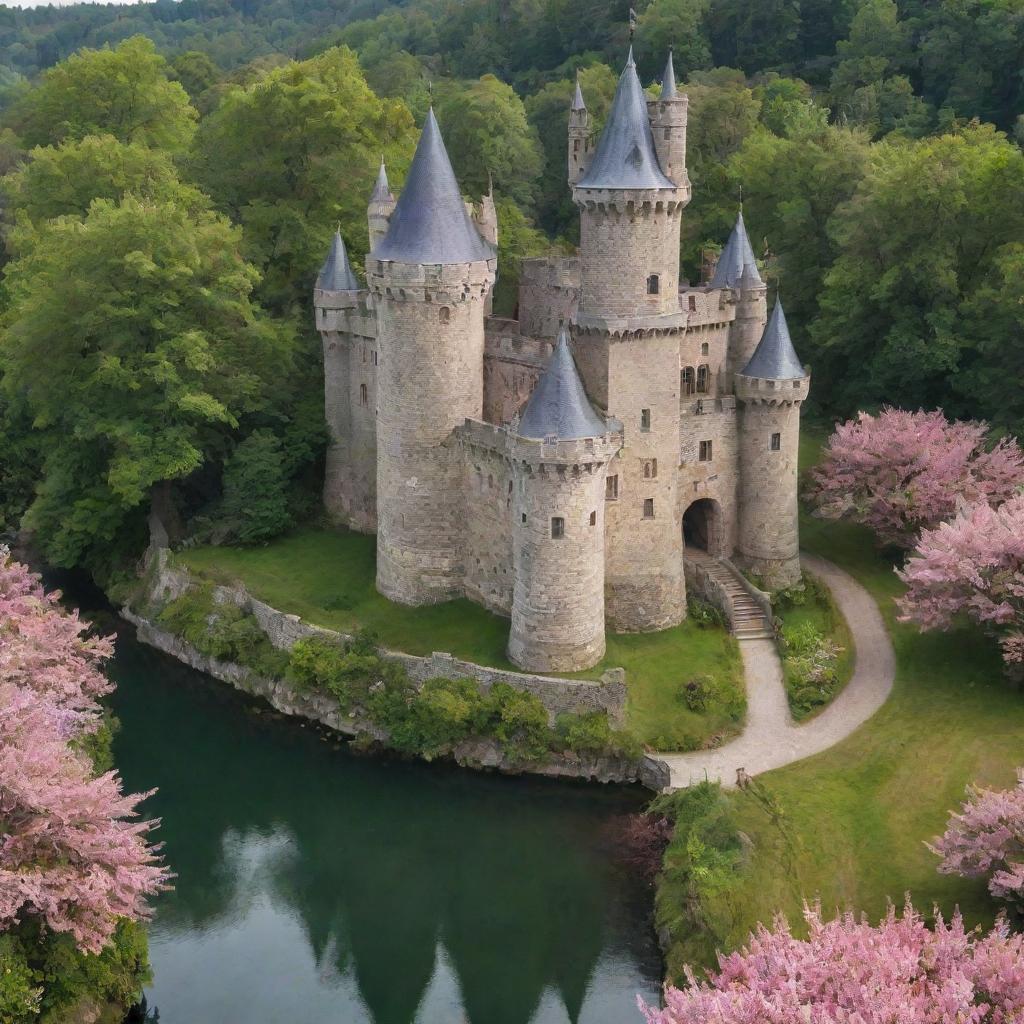 A charming, medieval castle with tall, weathered stone towers, a moat encircling it, and surrounded by a magnificent enchanted forest in full bloom.