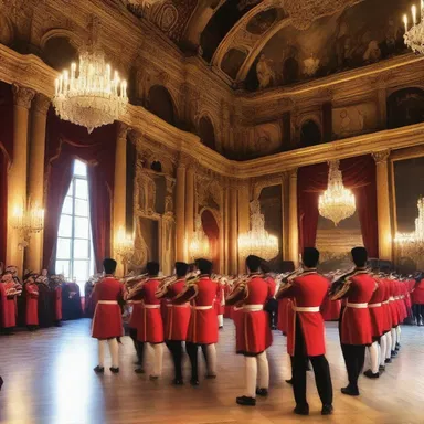The fanfare of trumpets announced the arrival of the king to the grand ball, evoking images of past monarchs in historical palaces.
