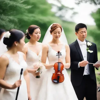 As the bride walked down the aisle, the soft melodious fanfare played by the string quartet created a romantic ambiance in the wedding ceremony.