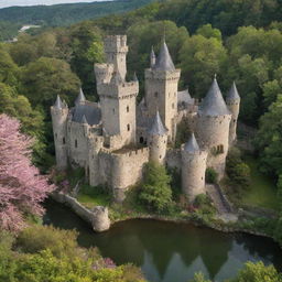 A charming, medieval castle with tall, weathered stone towers, a moat encircling it, and surrounded by a magnificent enchanted forest in full bloom.