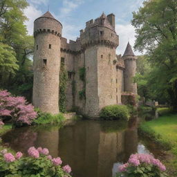 A charming, medieval castle with tall, weathered stone towers, a moat encircling it, and surrounded by a magnificent enchanted forest in full bloom.