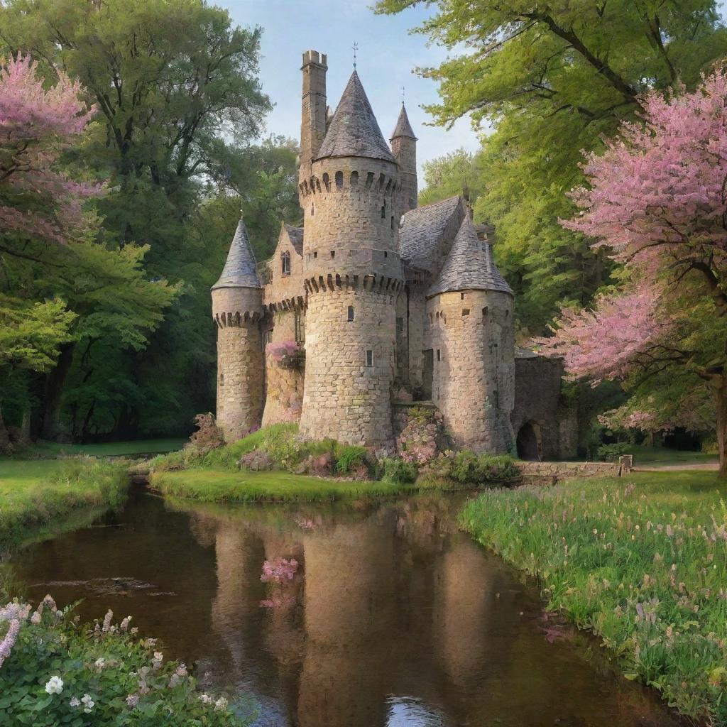 A charming, medieval castle with tall, weathered stone towers, a moat encircling it, and surrounded by a magnificent enchanted forest in full bloom.