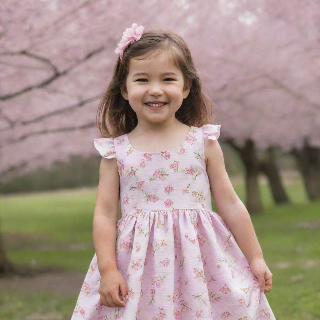 A little girl wearing a summer dress, standing near a cherry blossom tree, with a radiant smile on her face.