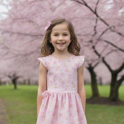 A little girl wearing a summer dress, standing near a cherry blossom tree, with a radiant smile on her face.