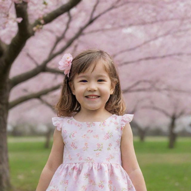 A little girl wearing a summer dress, standing near a cherry blossom tree, with a radiant smile on her face.