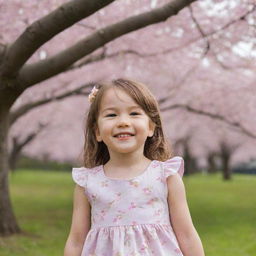 A little girl wearing a summer dress, standing near a cherry blossom tree, with a radiant smile on her face.