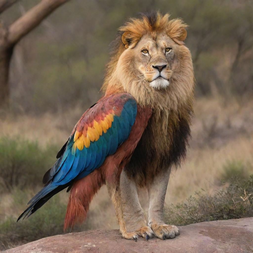 An enormous bird, possessing vibrant plumage and a lion's paw in place of its talons, standing proudly in its natural habitat.