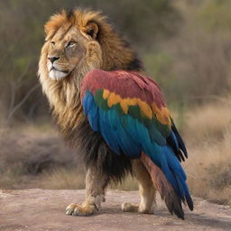 An enormous bird, possessing vibrant plumage and a lion's paw in place of its talons, standing proudly in its natural habitat.