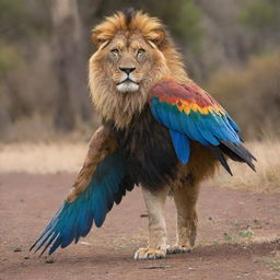 An enormous bird, possessing vibrant plumage and a lion's paw in place of its talons, standing proudly in its natural habitat.