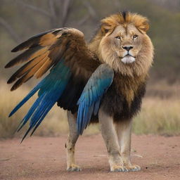 An enormous bird, possessing vibrant plumage and a lion's paw in place of its talons, standing proudly in its natural habitat.