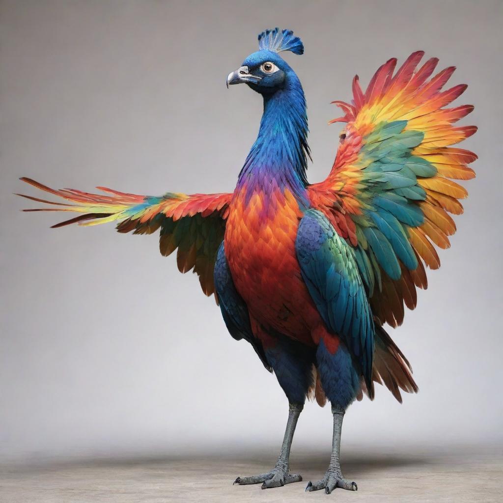 A gigantic bird, adorned with colorful plumage, standing majestically showcasing its unique characteristic, a paw instead of a claw.