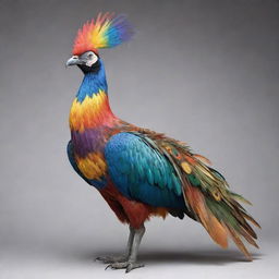 A gigantic bird, adorned with colorful plumage, standing majestically showcasing its unique characteristic, a paw instead of a claw.