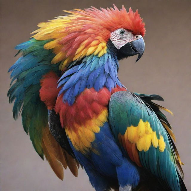 A gigantic bird, adorned with colorful plumage, standing majestically showcasing its unique characteristic, a paw instead of a claw.