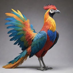 A gigantic bird, adorned with colorful plumage, standing majestically showcasing its unique characteristic, a paw instead of a claw.