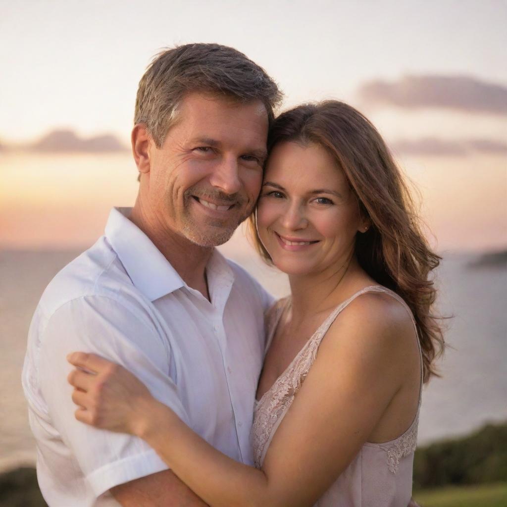 A loving husband and wife embracing in a romantic setting at sunset, with soft lighting casting a warm glow on their happy faces.