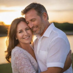 A loving husband and wife embracing in a romantic setting at sunset, with soft lighting casting a warm glow on their happy faces.