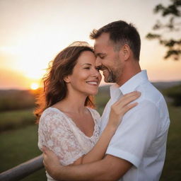 A loving husband and wife embracing in a romantic setting at sunset, with soft lighting casting a warm glow on their happy faces.