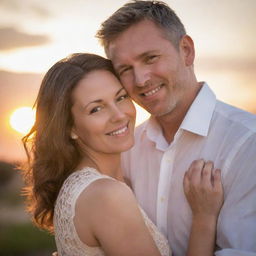 A loving husband and wife embracing in a romantic setting at sunset, with soft lighting casting a warm glow on their happy faces.