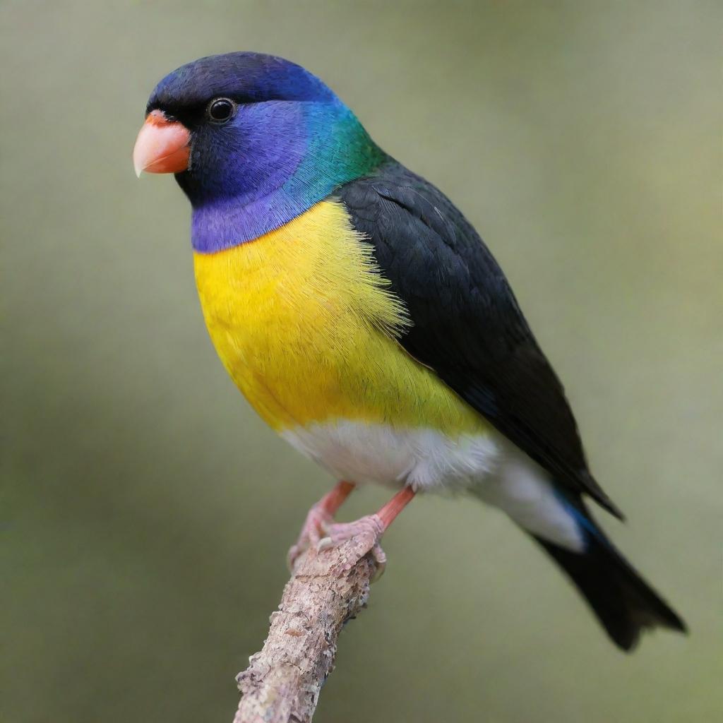 A Lady Gouldian Finch painted in striking shades of black instead of its typical multicolored palette.