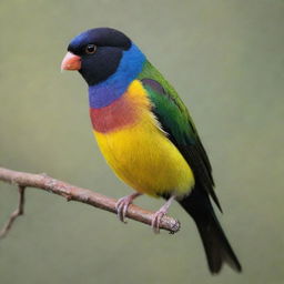 A Lady Gouldian Finch painted in striking shades of black instead of its typical multicolored palette.