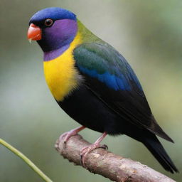 A Lady Gouldian Finch painted in striking shades of black instead of its typical multicolored palette.