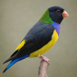 A Lady Gouldian Finch painted in striking shades of black instead of its typical multicolored palette.