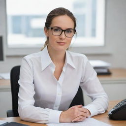 A professional secretary wearing a crisp white shirt, seated at a tidy desk.