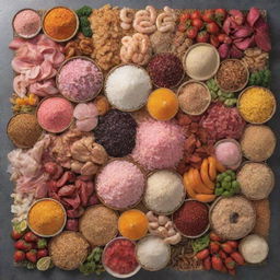 A panoramic display of rice, grains, meat, a vibrant banquet of seafood, various species of pulses, sprinkles of pink salt, an array of fruits, and a collection of vegetables.