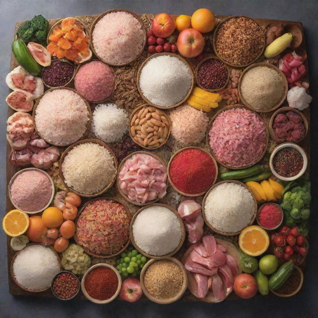 A panoramic display of rice, grains, meat, a vibrant banquet of seafood, various species of pulses, sprinkles of pink salt, an array of fruits, and a collection of vegetables.