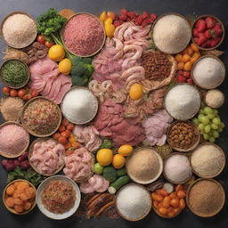 A panoramic display of rice, grains, meat, a vibrant banquet of seafood, various species of pulses, sprinkles of pink salt, an array of fruits, and a collection of vegetables.