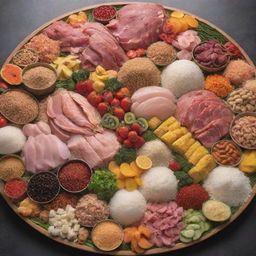 A panoramic display of rice, grains, meat, a vibrant banquet of seafood, various species of pulses, sprinkles of pink salt, an array of fruits, and a collection of vegetables.