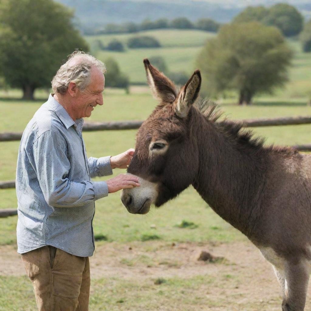 A man engaging in a friendly conversation with a donkey in an idyllic countryside setting