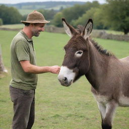 A man engaging in a friendly conversation with a donkey in an idyllic countryside setting