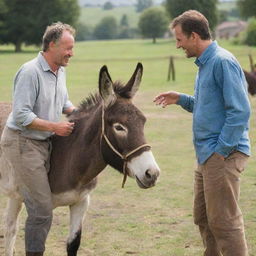 A man engaging in a friendly conversation with a donkey in an idyllic countryside setting