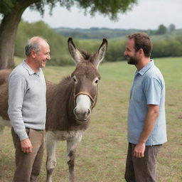 A man engaging in a friendly conversation with a donkey in an idyllic countryside setting