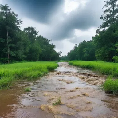 The author used vivid language to describe the turgid and swollen river after heavy rainfall in the novel.