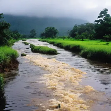 The author used vivid language to describe the turgid and swollen river after heavy rainfall in the novel.