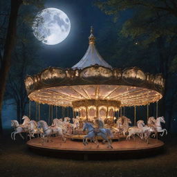 A moonlit forest hosting a magical carousel, with ethereal creatures such as unicorns and fairies. Illuminate the scene with soft moonlight on the wooden horses, while gentle music plays and human couples enjoy a romantic ride.