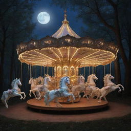 A moonlit forest hosting a magical carousel, with ethereal creatures such as unicorns and fairies. Illuminate the scene with soft moonlight on the wooden horses, while gentle music plays and human couples enjoy a romantic ride.