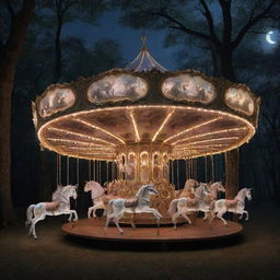 A moonlit forest hosting a magical carousel, with ethereal creatures such as unicorns and fairies. Illuminate the scene with soft moonlight on the wooden horses, while gentle music plays and human couples enjoy a romantic ride.