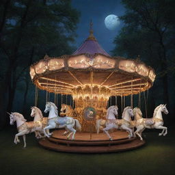 A moonlit forest hosting a magical carousel, with ethereal creatures such as unicorns and fairies. Illuminate the scene with soft moonlight on the wooden horses, while gentle music plays and human couples enjoy a romantic ride.