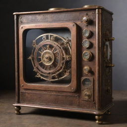 A steampunk-style television, a marvel of 19th-century industrial aesthetics, with a brass and copper casing, intricate gears, vacuum tubes, and a glass viewing screen