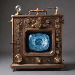 A steampunk-style television, a marvel of 19th-century industrial aesthetics, with a brass and copper casing, intricate gears, vacuum tubes, and a glass viewing screen