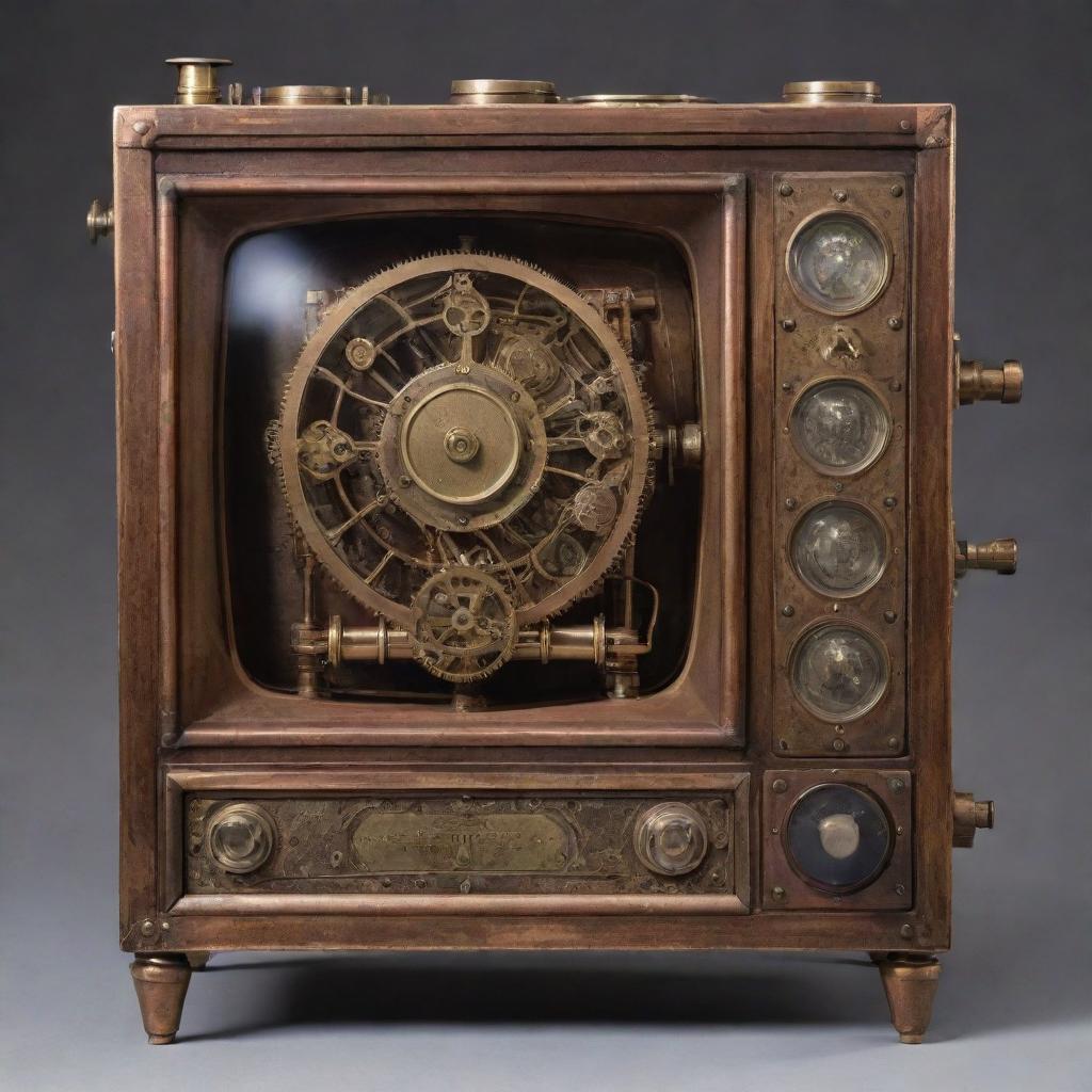 A steampunk-style television, a marvel of 19th-century industrial aesthetics, with a brass and copper casing, intricate gears, vacuum tubes, and a glass viewing screen