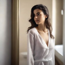 Generate an ultra high-resolution, realistic photograph taken with a Nikon camera, capturing a beautiful young Italian woman seen from the side, wearing elegant sleepwear, in a luxury bathroom