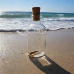 A message of love in a bottle drifting across a vast, glistening ocean, finally reaching a loved one on a sun-kissed secluded beach with anticipation for the precious contents inside the bottle.